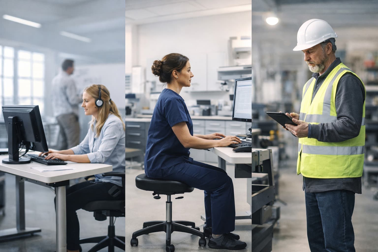 Office, healthcare, and construction workers in safe workplaces